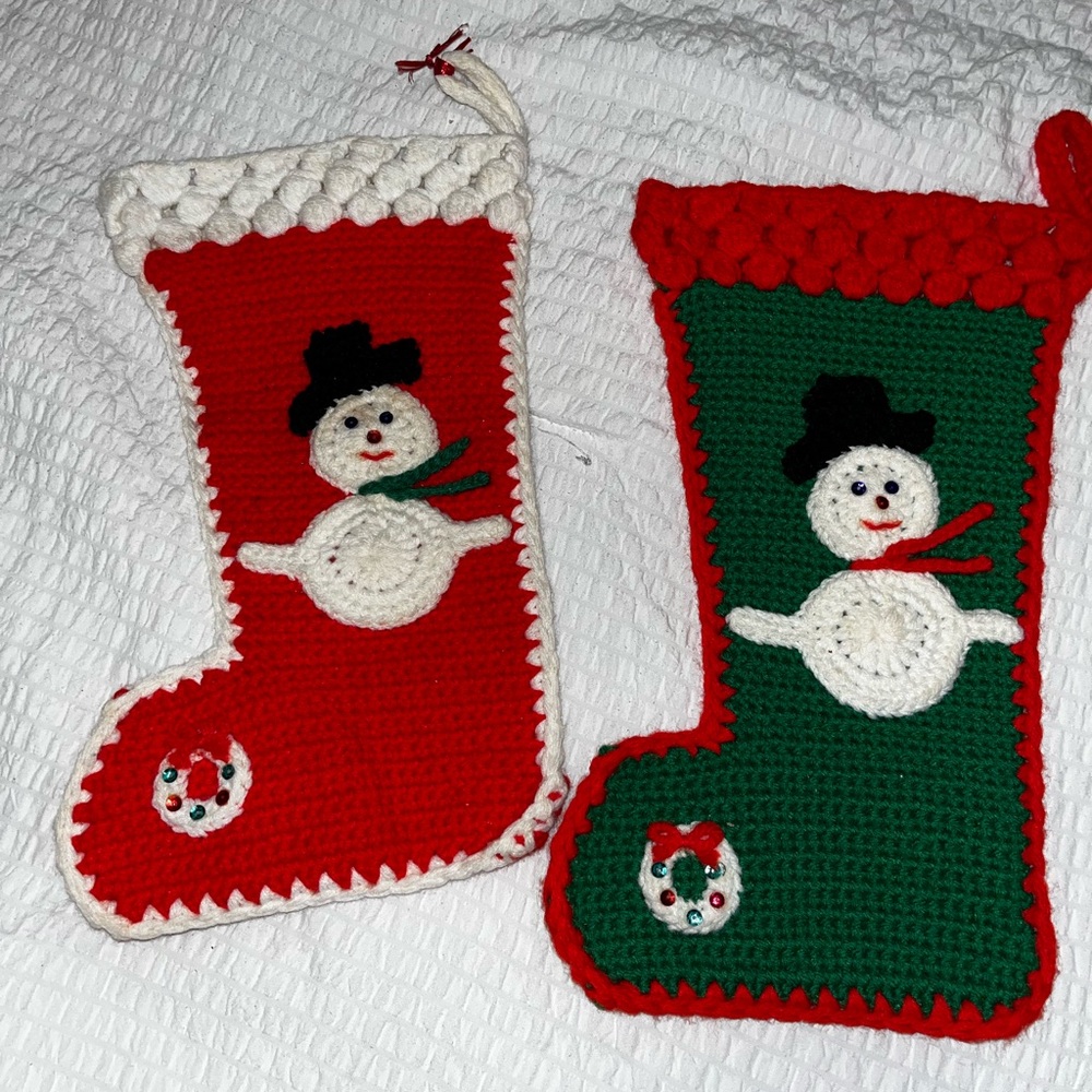 2 Small Vintage Handmade Christmas Stockings. OS. Red Green White